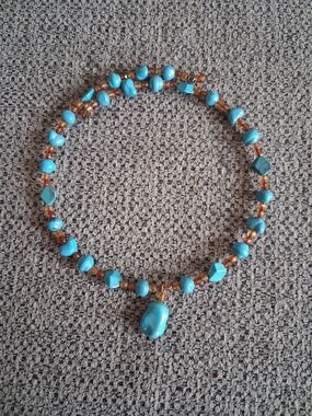 Turquoise and Amber Beaded Necklace - Blue